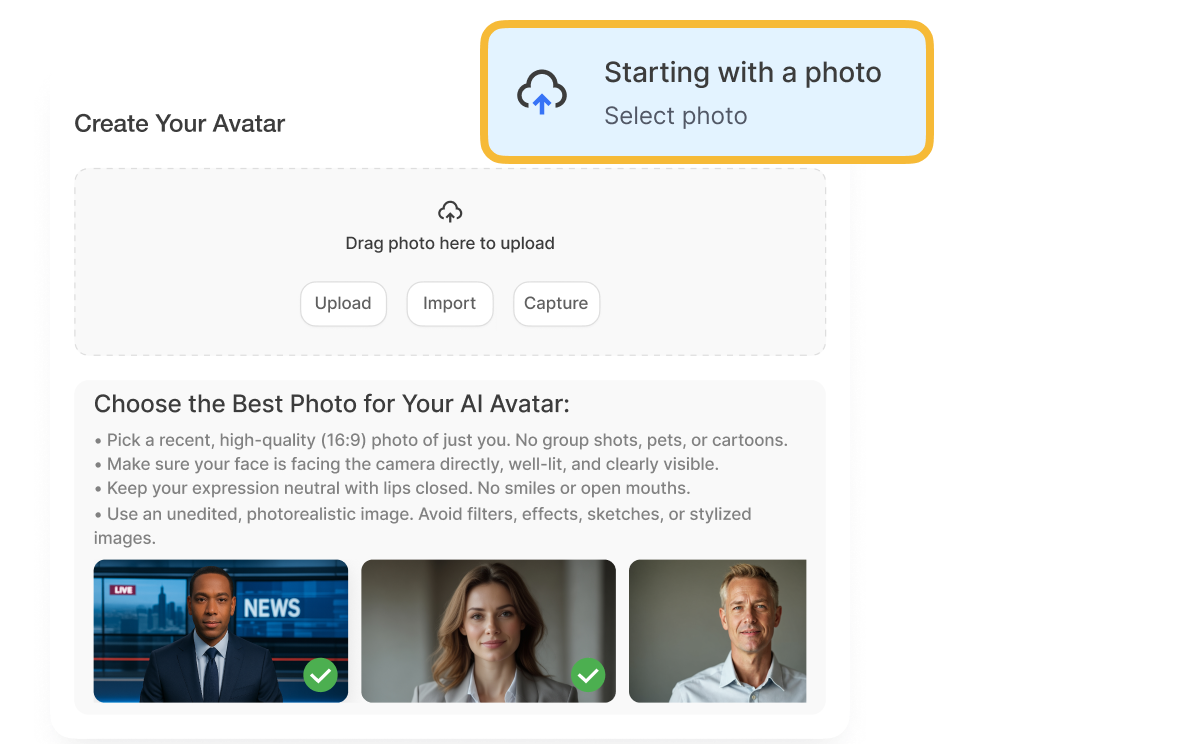 Create custom Avatar with Visla by uploading a photo or webcam image